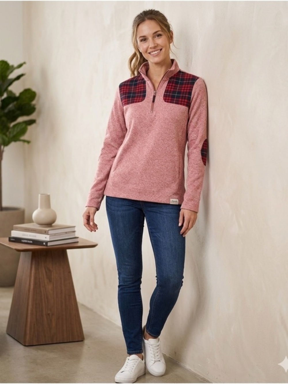Orvis Women’s Small Red Heathered Plaid Elbow Patch 1/4 Zip Mock Neck Sweater S